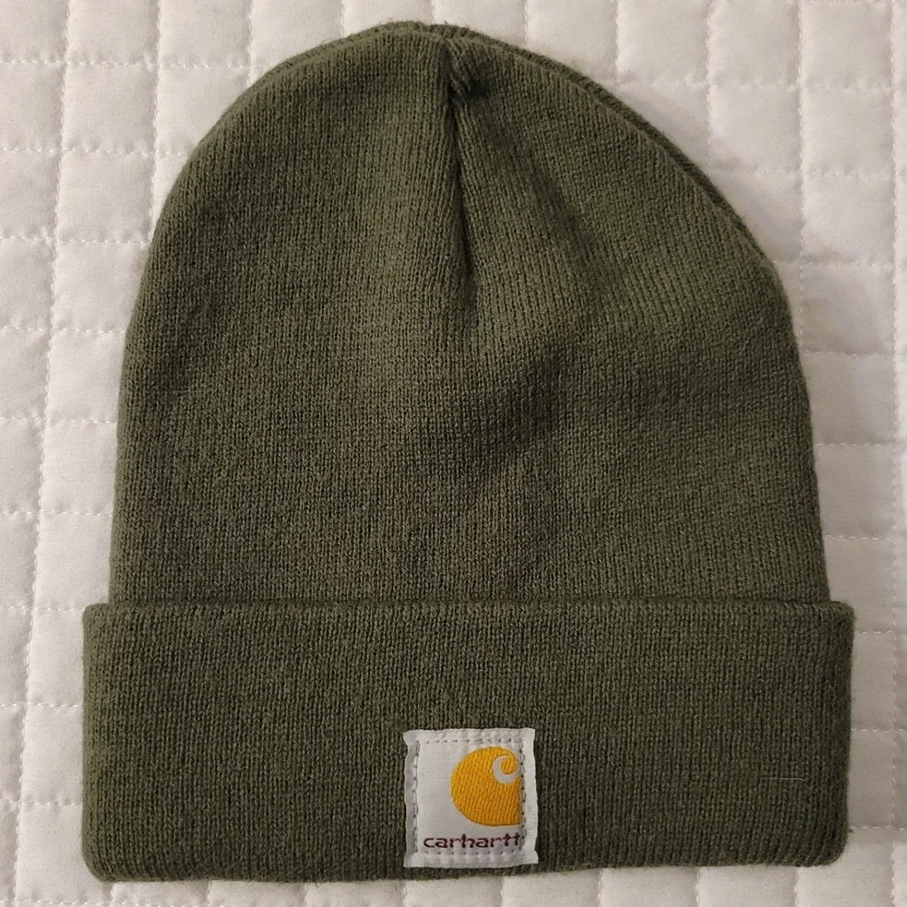 Carhartt Youth Olive Green Rib-Knit Cuffed Beanie Watch Hat Cabincore Winter Fun